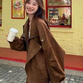 美拉德复古咖色夹克外套女冬季新款宽松短款麂皮绒工装机车服