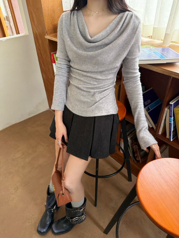 DIGM | 2025秋冬极简优雅气质荡领软糯高弹修身针织衫女A09268|undefined