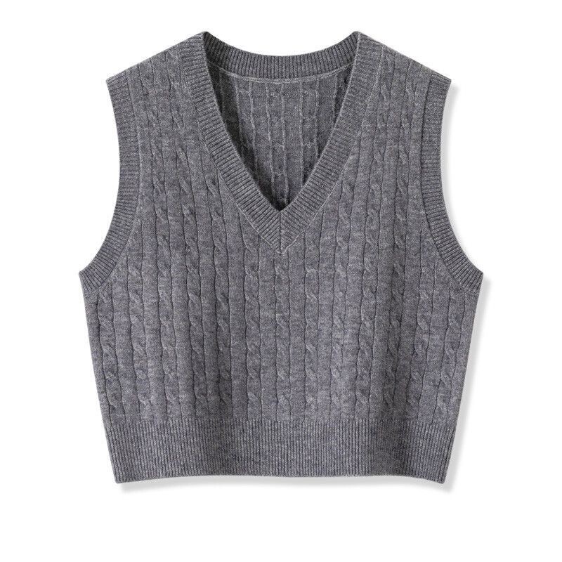 女性用グレーVネック刺繍ニットベスト、小柄な人向けの春と秋のアウターウェア、多用途のルーズレイヤードツイストセーターベスト|undefined
