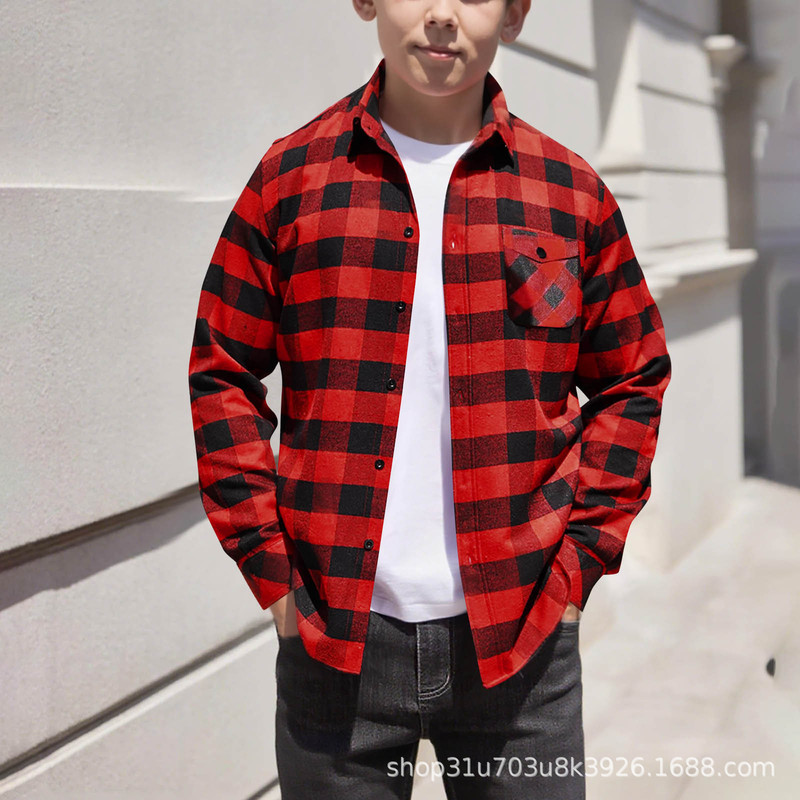 War Horse Cross-Border Boys' Clothing Men's Plaid Shirt Flannel Brushed Warm Shirt Men's European and American Casual Shirt