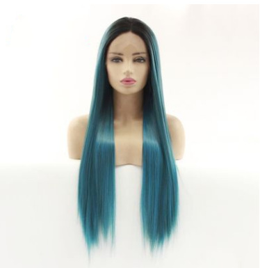 Comercio exterior exportación de fibra química europea y americana pelucca de encaje mitad gancho de mano cubierta de cabeza corta mezcla azul cabello largo recto LW0042