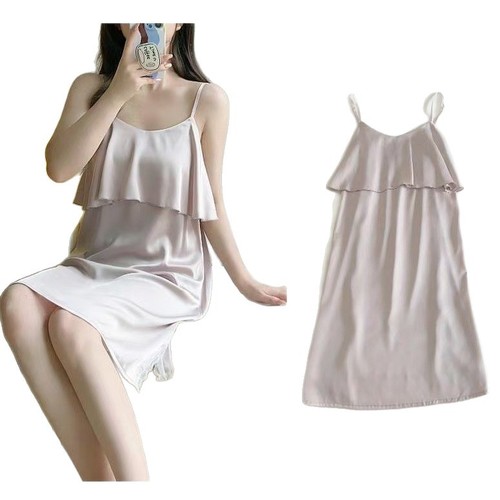 Summer Thin Ice Silk Mid-length Patchwork Lace Large Size Plus Size Belly Covering Sleeveless Home Wear Suspender Nightdress Women's Trendy