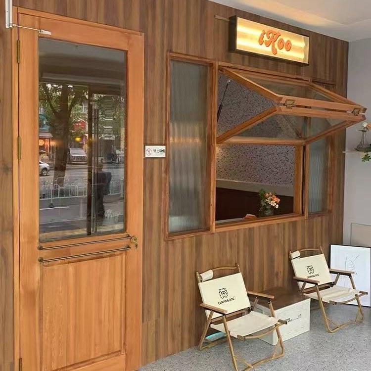 商用榆木咖啡厅蛋糕店实木门窗入户门店铺可左右推拉窗上下折叠窗