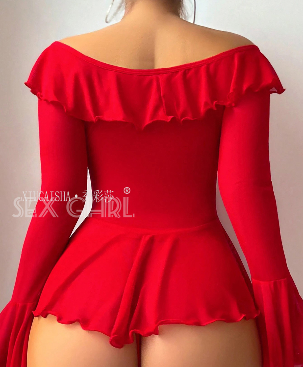 Off-Shoulder Bell-Sleeve Babydoll Lingerie Dress, Pink Mesh, XXL — detail image 10