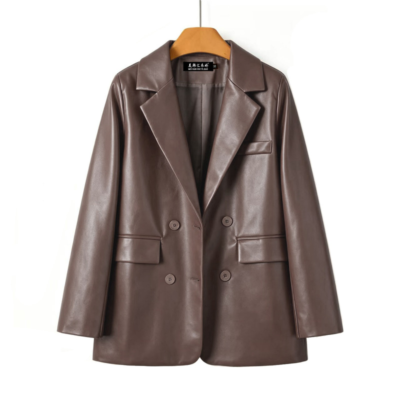 Vintage Brown Pu Leather Blazer for Women 2026 Spring and Autumn New Style Loose Fit Slimming Versatile Biker Leather Jacket for Women Vintage Brown Pu Leather Blazer for Women 2026 Spring and Autumn New Style Loose Fit Slimming Versatile Biker Leather Jacket for Women