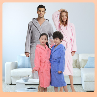 ⇓ Pure Cotton Hotel Bathrobe Autumn and Winter Thickeneded Towel Material Nightgown Long Hooded Kidsren's Family Bathrobe Logo Fixed