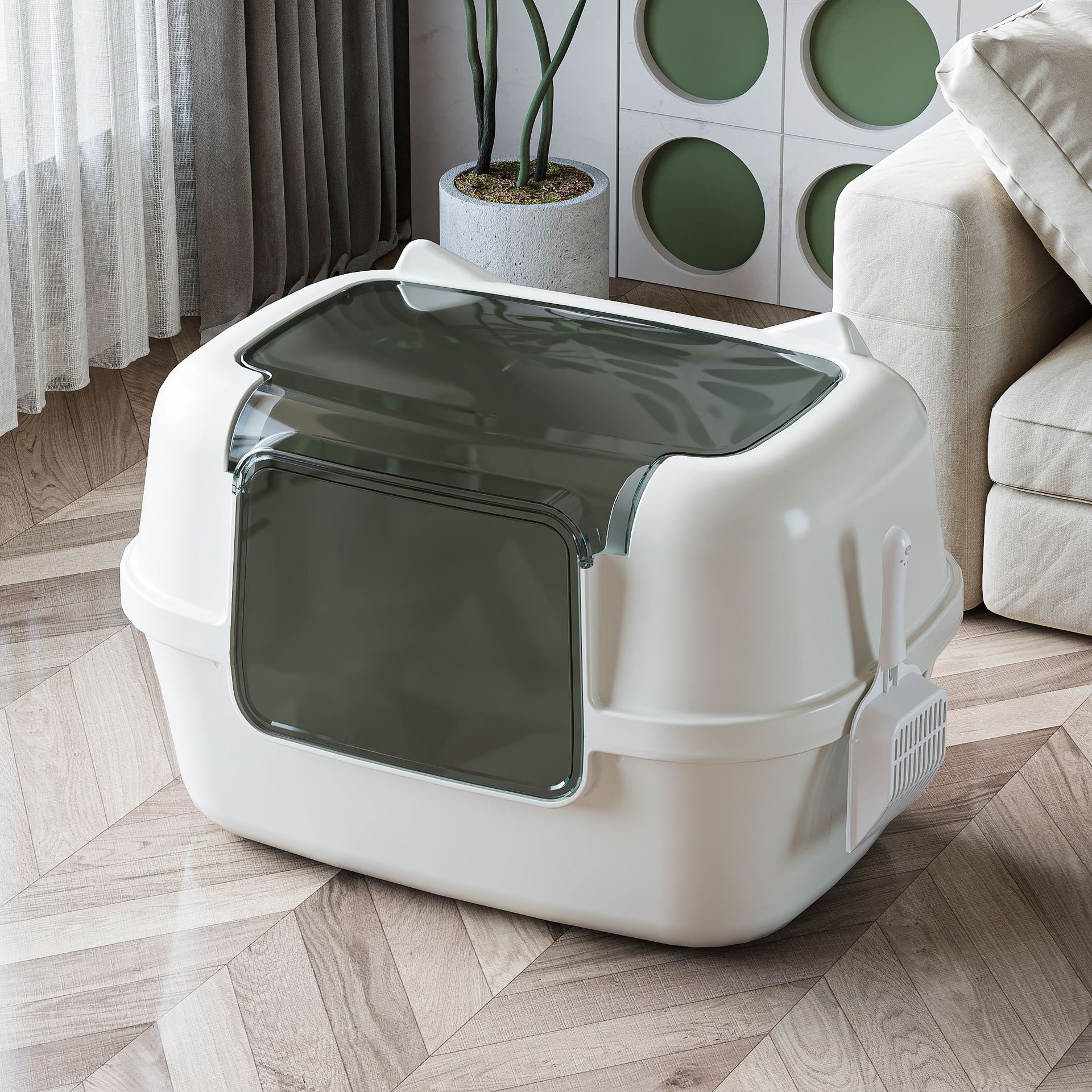 Lavabo de arena para gatos, inodoro para gatos anti-salpicaduras de gran tamaño, gato joven semicerrado, grueso y alto, lavabo de heces de arena para gatos