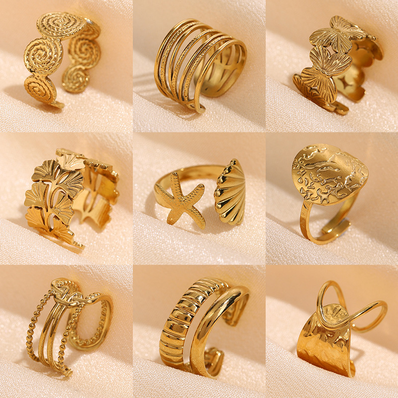 European and American Retro Wide Edition Stainless Steel Ring Women's Opening Adjustable Gold Plated Ring Cross-border Supply