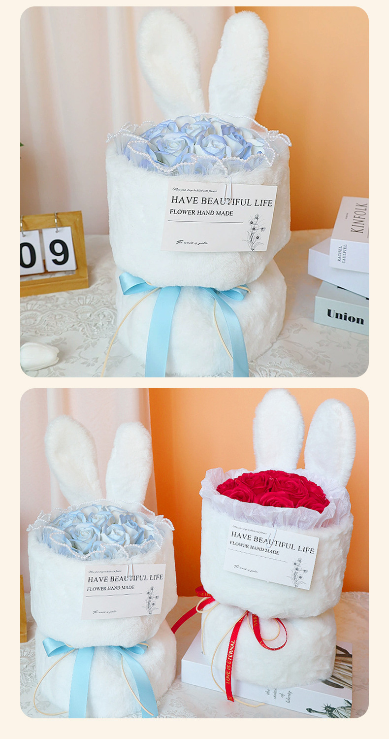 Cadeau de fête, Noël, Saint-Valentin : Bouquet de fleurs en savon immortalisé, cadeau d'anniversaire pour votre petite amie, petit lapin parfumé en forme de rose, produit fini_voghion.com