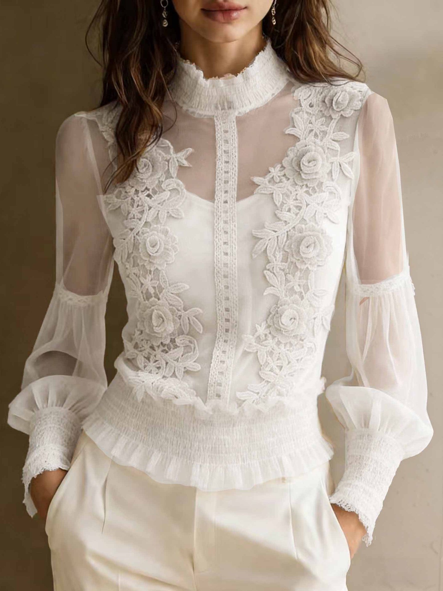 Damen T-shirt Mit Spitzenapplikationen Aus Dreidimensionalem Netz_voghion.com