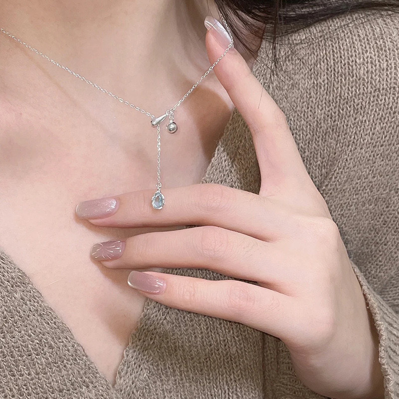 A drop of tears blue simple fashion blue water drop gem necklace pull-out adjustable small fresh sweet clavicle chain