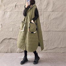 时尚洋气拼接撞色大口袋连帽马甲女宽松加厚保暖长款开叉马夹外套