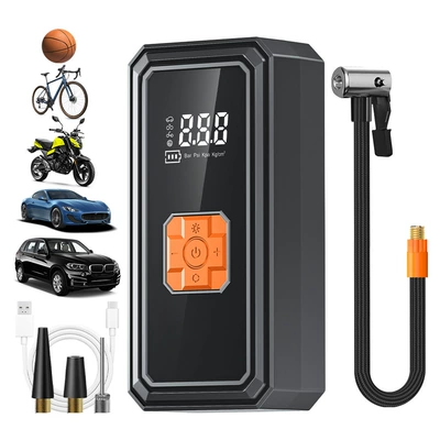 Car Air Pump Small Car Air Pump Electric Portable with Lighting Digital Display Inflatable Pump Electric Air Pump (Hava nasosu) - 1808-air-pump-rechargeable-model-with-digital-display-orange-button