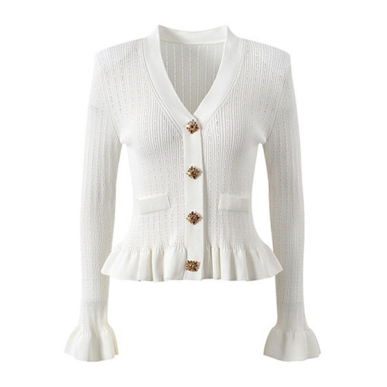 French Elegant New V-neck Sweater Elegant Long-sleeve Hollow Sweater Metal Buckle Ruffled Knitted Cardigan