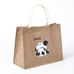 外貿環保麻布手提袋卡通熊貓印圖款大容量女士手提包便攜收納