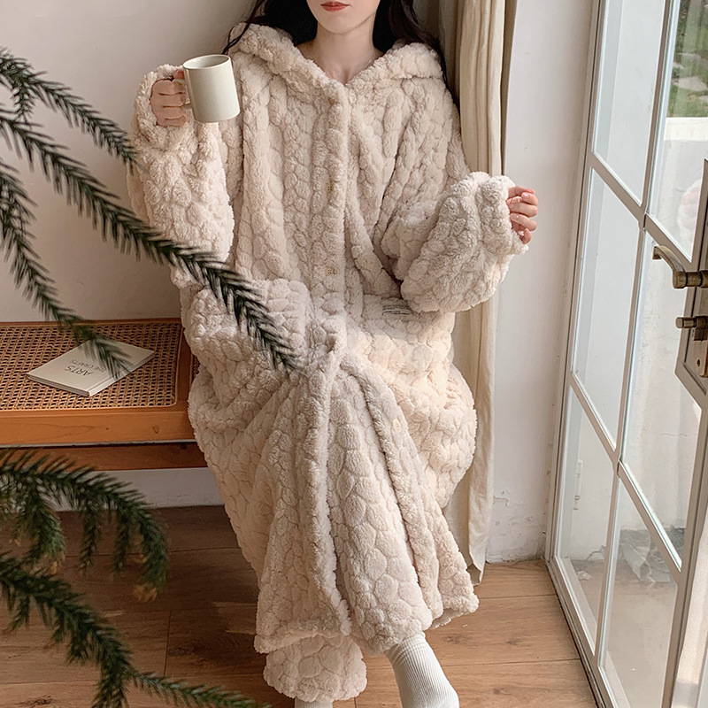 Winter New Coral Fleece Nightgown Women's Hooded Long-sleeved Robe Set Sweet Style Thickened Warm Home Clothes Bathrobe Nightgown