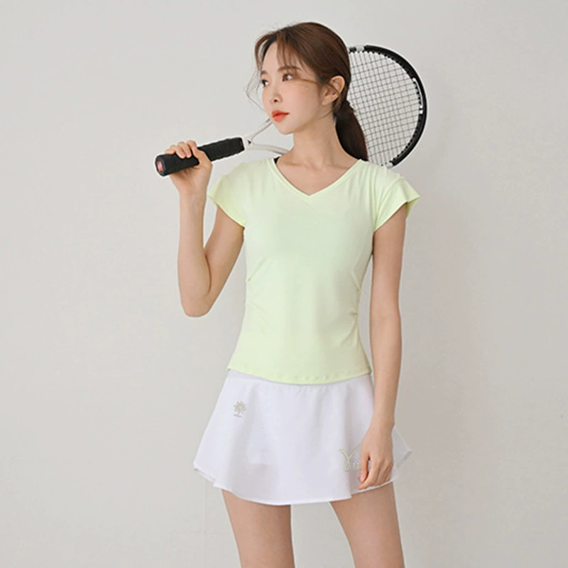 Спортивная футболка Женский топ для бега с V-образным вырезом Одежда для фитнеса Быстросохнущая дышащая Спортивная облегающая тонкая одежда для йоги с короткими рукавами, приятная для кожи