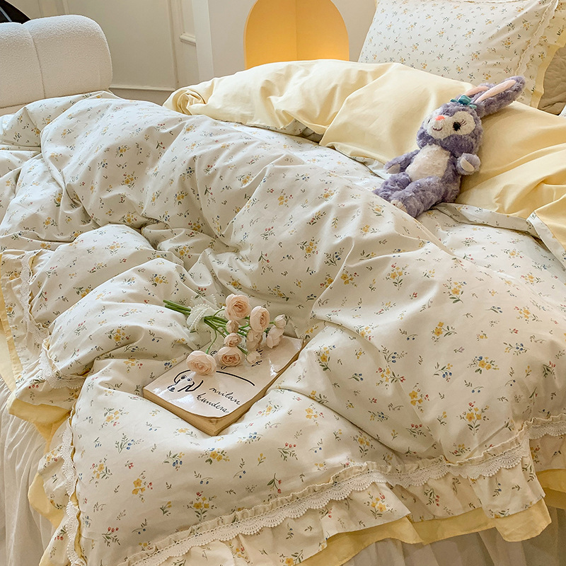 100％純綿ベッド4点セット、田園風花柄、2025年製、掛け布団カバー、春夏用ベッドスカート、黄色の田園風|undefined