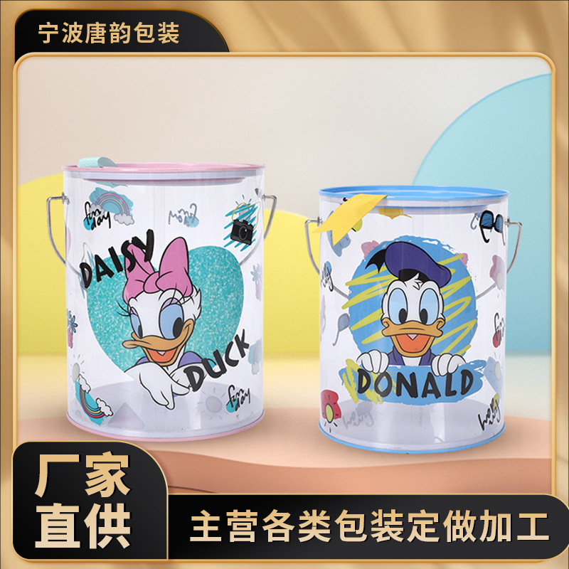 定制卡通带盖手提塑料桶马口铁盖塑料桶圆饼干桶批量工厂直供漫画