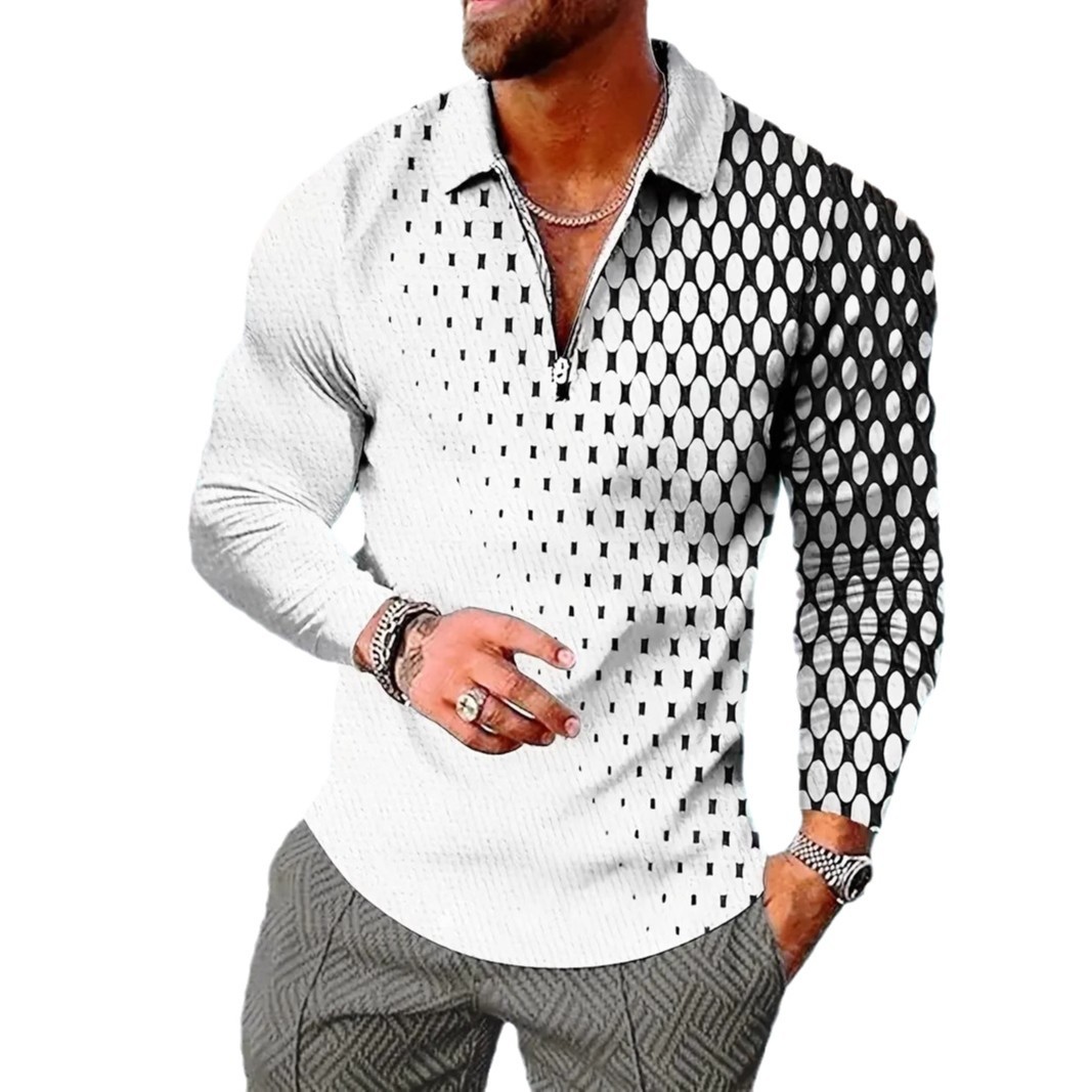 Europa y América AliExpress Cross-border simple punto geométrico impresión 3D hombres calle suelta manga larga cremallera camisa POLO