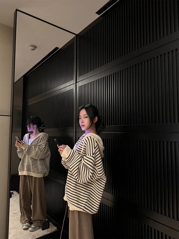 杏色抽绳连帽条纹针织开衫女秋季韩版宽松百搭上衣外套|undefined