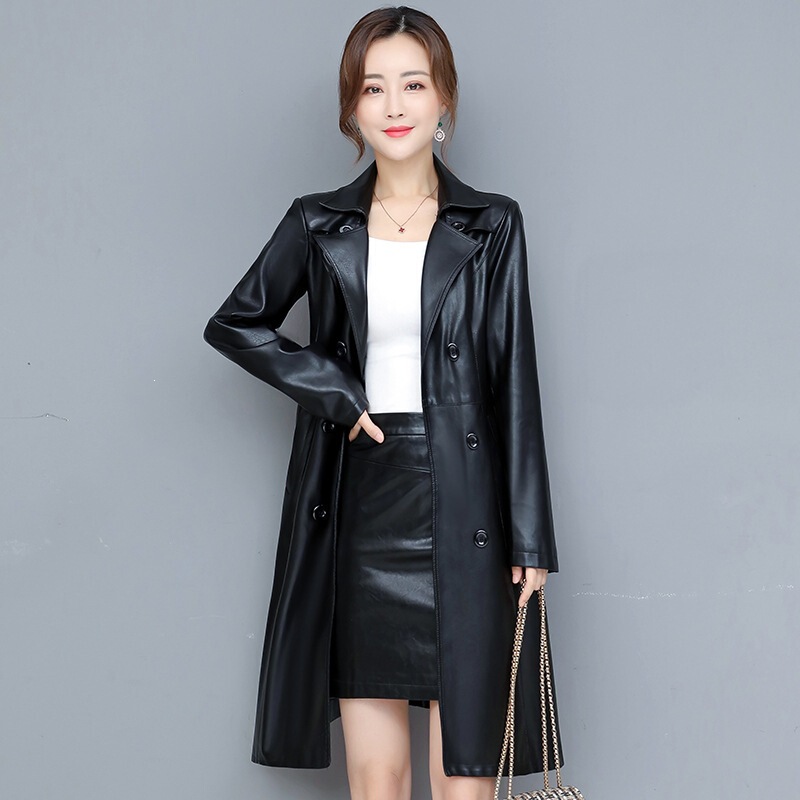 2026 Autumn and Winter New Haining Leather Jacket for Women, Mid-Length Fashionable Sheepskin Trench Coat, Plus-Size Motorcycle Pu Leather Coat