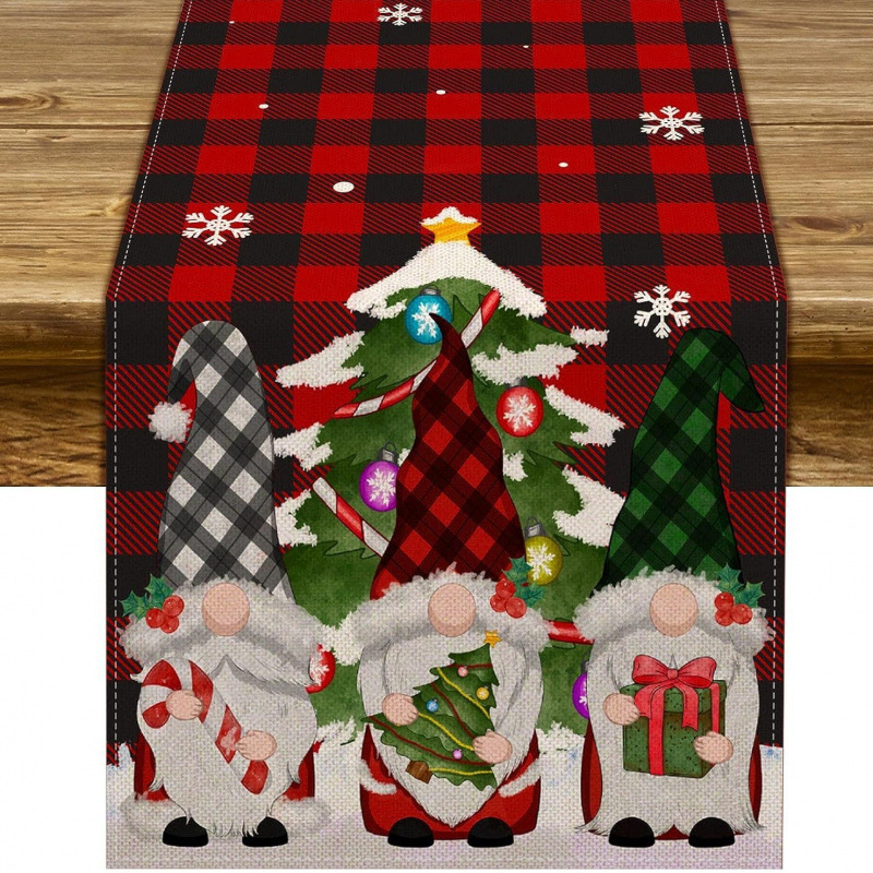 Camino de mesa navideño con estampado de muñeco de nieve y Santa