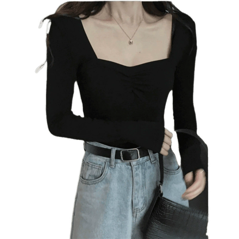 Осенняя body-friendly длинный рукав, большой размер, квадратная горловина, плотно облегающий, западный стиль