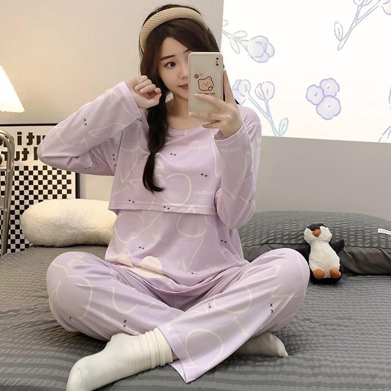 Autumn and winter New pregnant women's pajamas cute bear round neck nursing confinement clothes long sleeve homewear more than suit