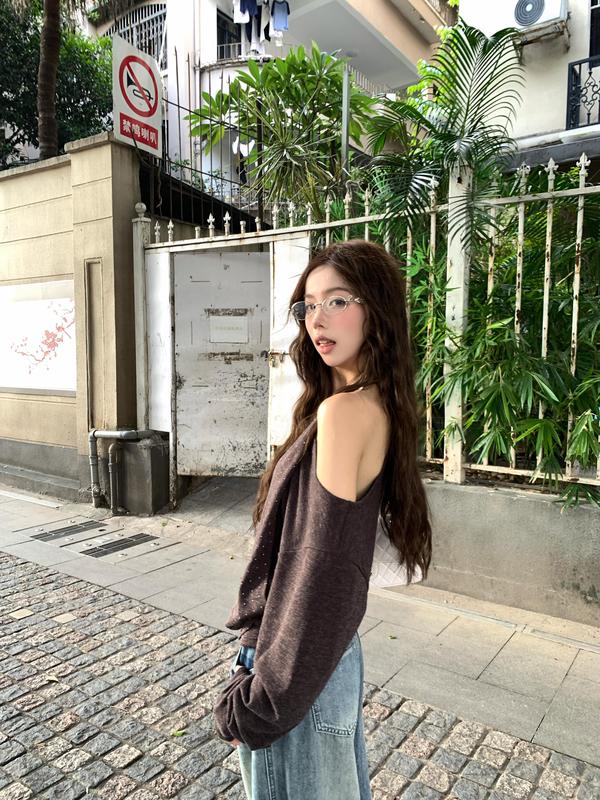 法式设计感小众别致气质长袖T恤女装秋季宽松韩系氛围感露肩上衣|undefined