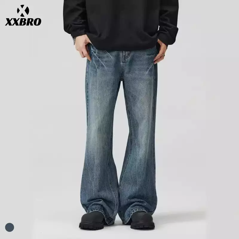 xxbro男装#设计感闪电裂纹水洗牛仔裤美式复古微喇宽松裤子男潮牌