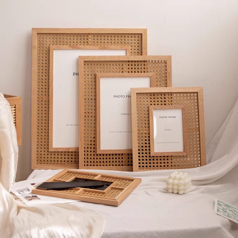 New Chinese-Style Rattan Photo Frame Display Stand, Nordic-Style Solid Wood Photo Frame, Homestay Decorative Picture Frame, Wall-Mounted Creative Home Decor