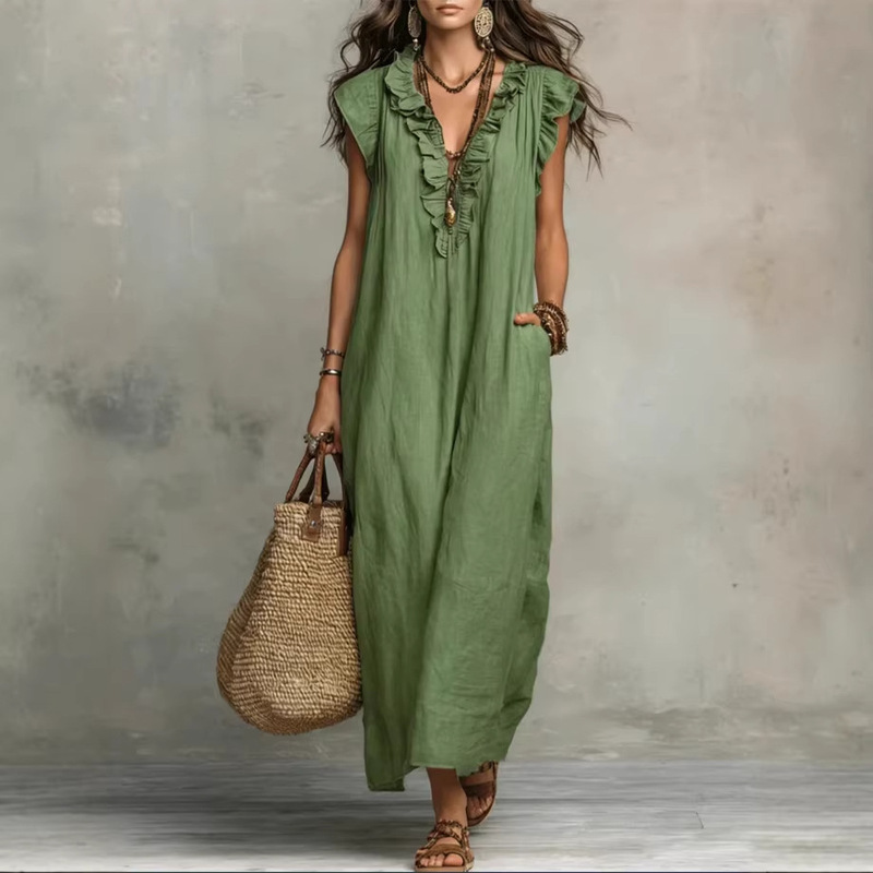 European and American Independent Websites Amazon Aliexpress 2026 Spring and Summer New Bohemian Flutter-Sleeve Floor-Length Dress
