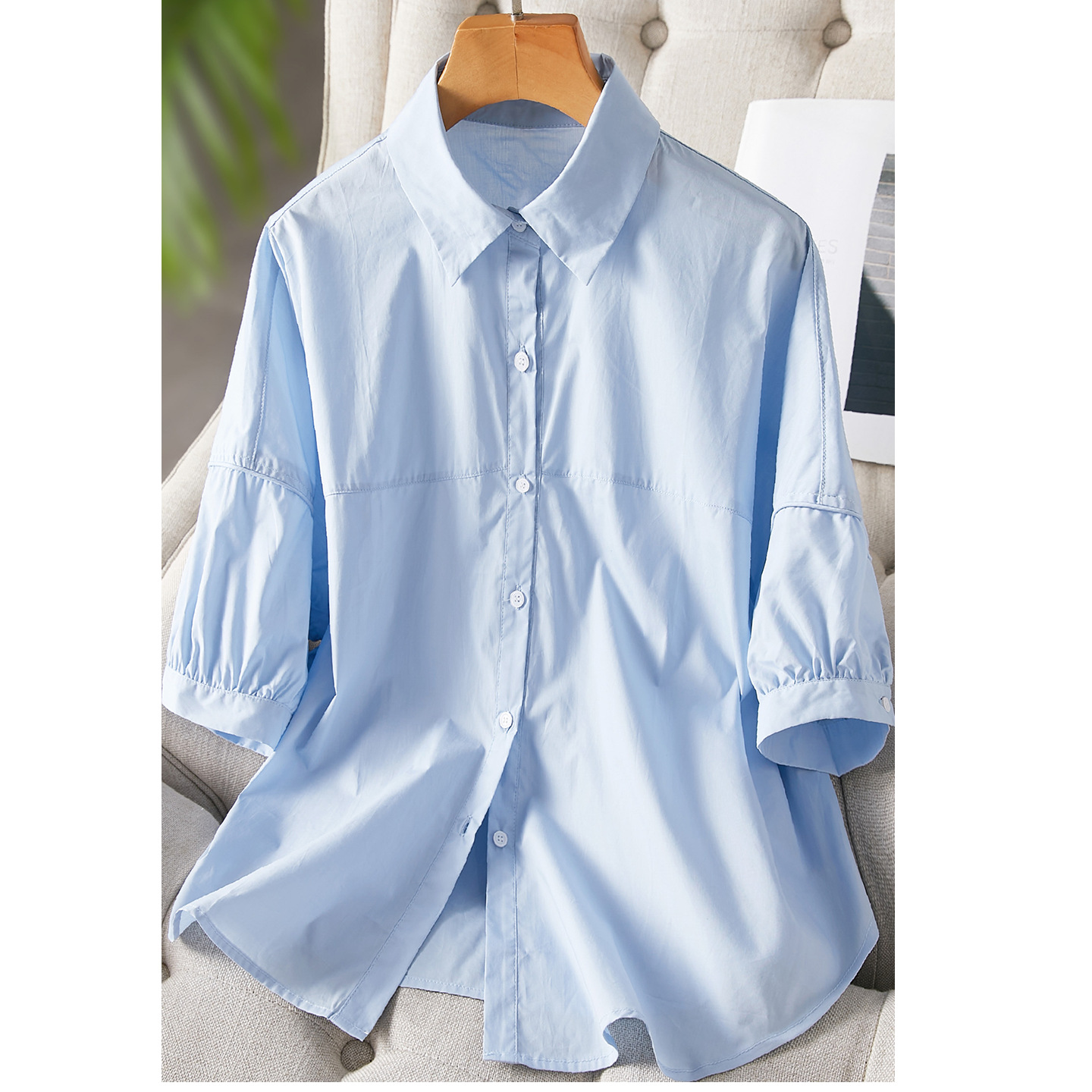 Blue shirt women's half sleeve 2023 Summer new loose slimming casual top design chic cotton shirt