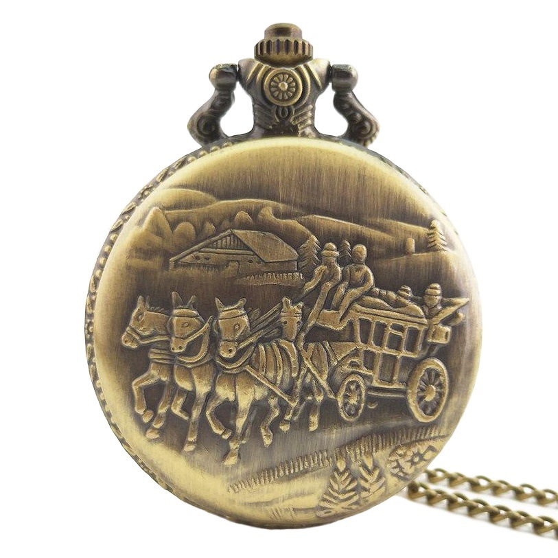 Venta al por mayor Nuevo bronce retro nostálgico tres carruajes de tres cabezas Carro de dos cabezas caballo gran reloj de bolsillo al por mayor