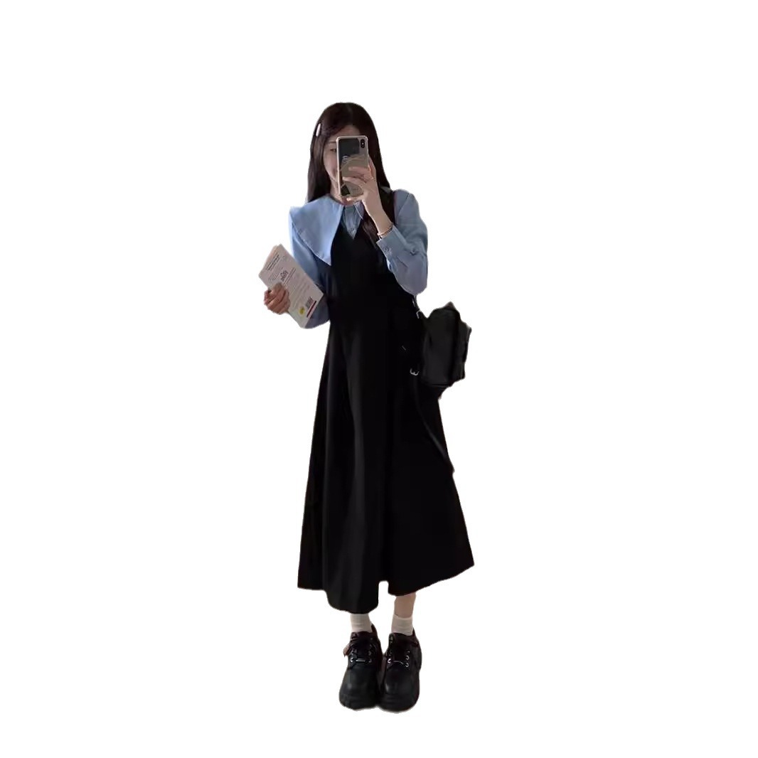 부드러운 아카데미 스타일 스티칭 작은 검은 원피스 여성용 봄 달콤한 인형 칼라 대조 컬러 바느질 허리 우아한 원피스
