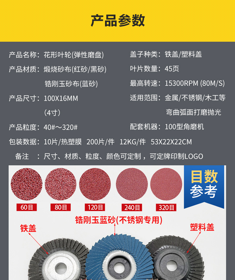 花形弹性磨盘 flower shaped flap disc papilianceous flap disc花型叶轮 soft flap discs  flower shaped flap disc
韩式花型页轮 radial flap disc page wheel 4寸 100X16MM 木工金属塑料不锈钢打磨 弯曲弧面打磨百叶片抛光轮 抛光片 煅烧砂布轮 平面砂布轮 红砂蓝砂黑砂铁盖塑料盖氧化铝煅烧锆刚玉煅烧百叶片百页轮片 小太阳百叶片 花形页轮 花叶轮 花型页轮 花形页轮 铁心 FALP WHEEL FLAP DISC百叶片 百叶轮 韩式 打磨片 抛光片 软片 塑料盖 铁盖 尼龙网盖 平面砂布轮 加厚 锆刚玉砂布 煅烧砂布 三菱911砂布轮 定做 厂家 立式 黑色 红色 蓝色 陶瓷刚玉 磨料磨具 沙布轮 角磨机百页轮 百页片 100X16MM 125X22MM 115X22MM 150X22MM 180X22MM 4.5寸 5寸 4寸 6寸 7寸 75盖 90盖 磨砂片 绿色百叶片 砂轮片 除锈百叶片 百页轮 百页片 磨碟 抛光片打磨片 平面砂布轮 陶瓷刚玉百叶片 金属不锈钢塑料木材打磨 氧化铝百叶片 塑料盖 网盖 铁盖百页 75盖90盖 黑砂红砂蓝砂 大盖小盖百叶片 T27 T29 双叶百叶片 翘边百叶片 flap disc 砂布弹性磨盘 抛光盘 打磨砂轮 角磨机打磨片 立式页轮 金属不锈钢塑料木材打磨 氧化铝百叶片 大盖小盖百叶片 跨境外贸百叶片 亚马逊百叶片 弧形 VERTICAL FLAP DISC 40# 60# 80# 100# 120# 180# 240# 320# 400#