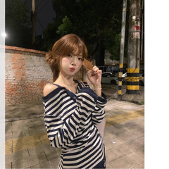 【工厂直发】韩系条纹假两件一字肩长袖t恤女秋季穿搭慵懒露肩衫