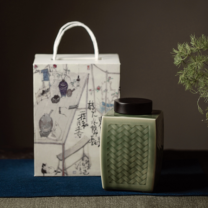 青瓷藤编半斤装茶叶罐功夫茶具密封罐黑檀陶瓷罐子半斤装