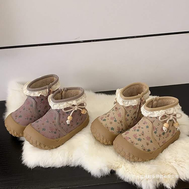 Children's Cotton Boots 2025 Four-Season Warm Girls' Snow Boots Soft-Soled Baby Leather Boots Printed Sweet Boots Fashionable