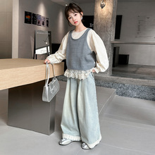 女童韩系套装2025春新款大童韩版时髦早春穿搭省心三件套外贸童装