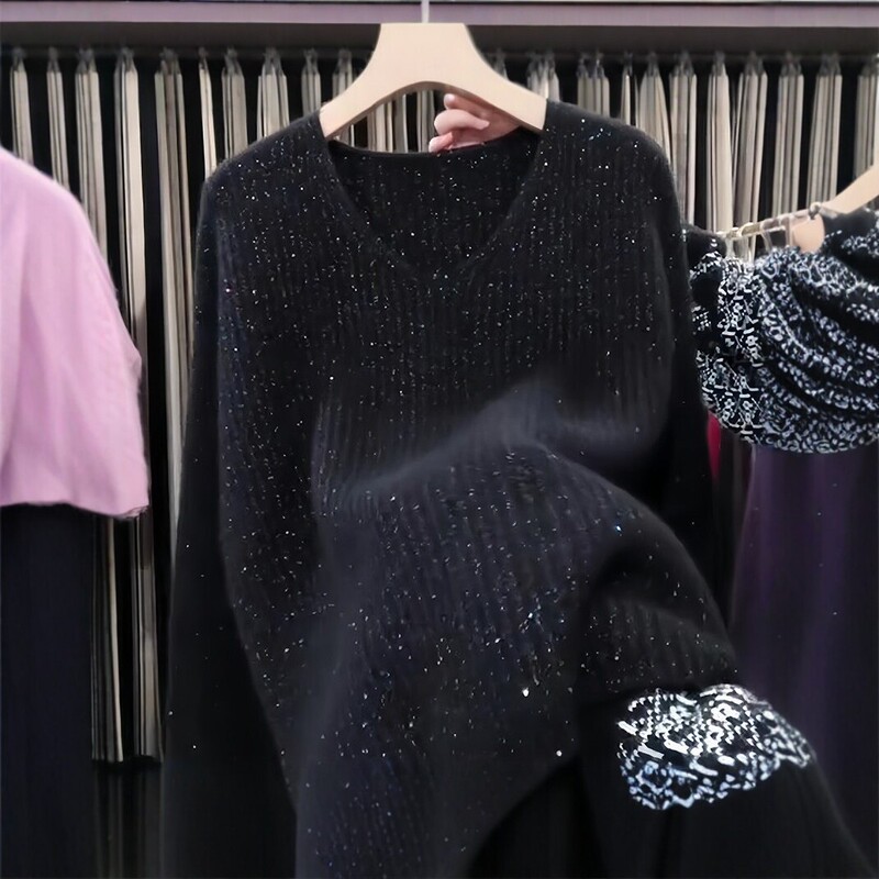 2026 Autumn New Style Shimmering Chic High-End Attractive Sequin V-Neck Knit Sweater Casual Black Sweater for Women