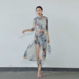 中国风古典舞弹力印花显瘦旗袍舞蹈服装中国舞练功服民族表演服女