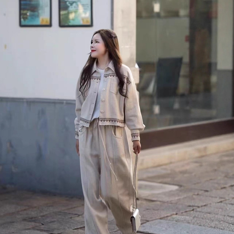 Early Autumn Double-Layer Women's Thin Ethnic Style Embroidered Striped Lapel Casual Minimalist Unique Jacket Cardigan