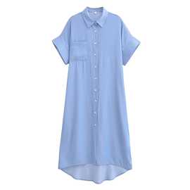 外贸2024欧美春新款时尚气质翻领短袖白色衬衫蓝色连衣裙女23375