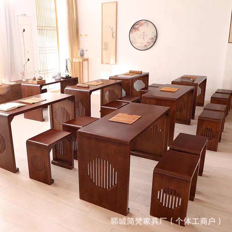 Solid Wood Calligraphy Children's Double Chinese Study Table, Calligraphy, Tea Art, Art Piano Table and Chairs, Old Elm Scripture Copying and Worship Table and Chairs
