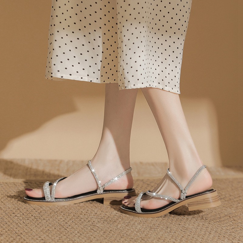 Dép sandal nữ đế bệt đính đá rhinestone dễ phối đồ — K299 màu be