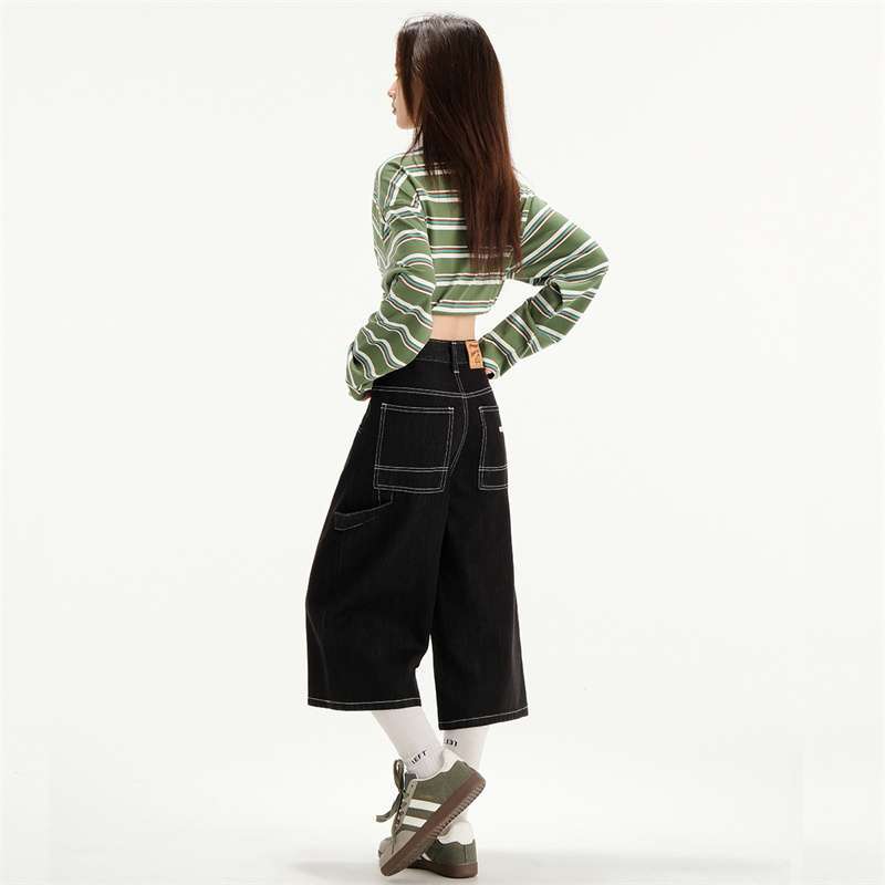 包邮黑金色莱赛尔薄款七分牛仔裤女夏宽松不色显瘦牛仔百搭代发