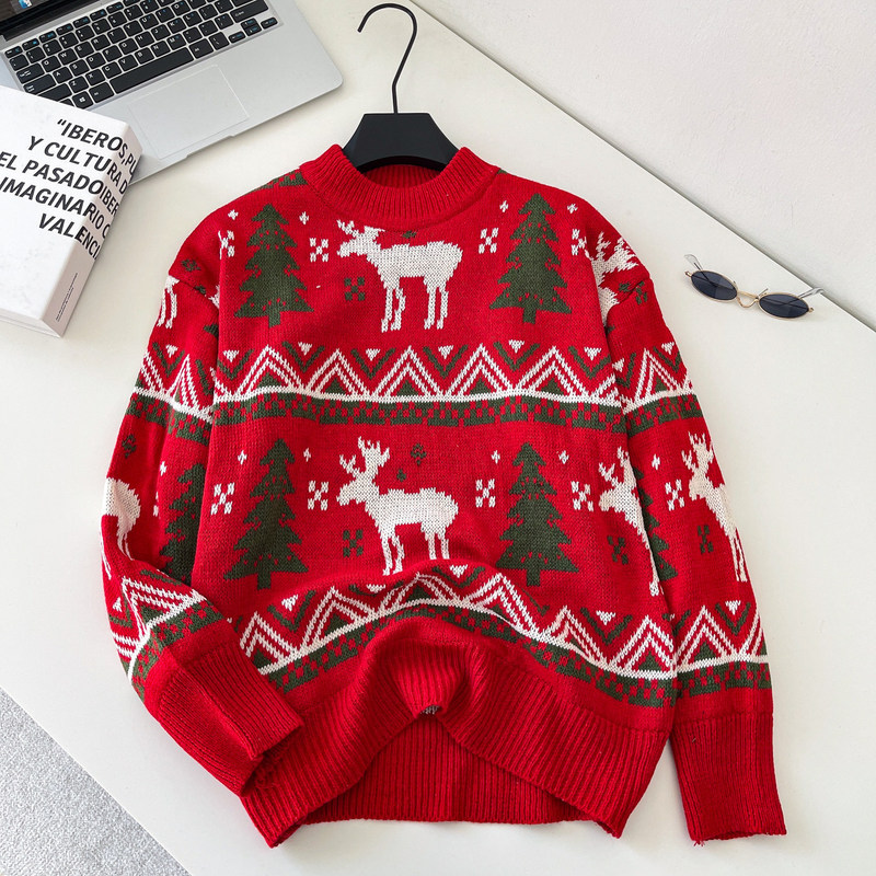 Carefully Selected Christmas Atmosphere Sweaters for Women 2025 Winter Lazy Retro Versatile Age-Reducing Round Neck Long-Sleeved Pullover Knitwear