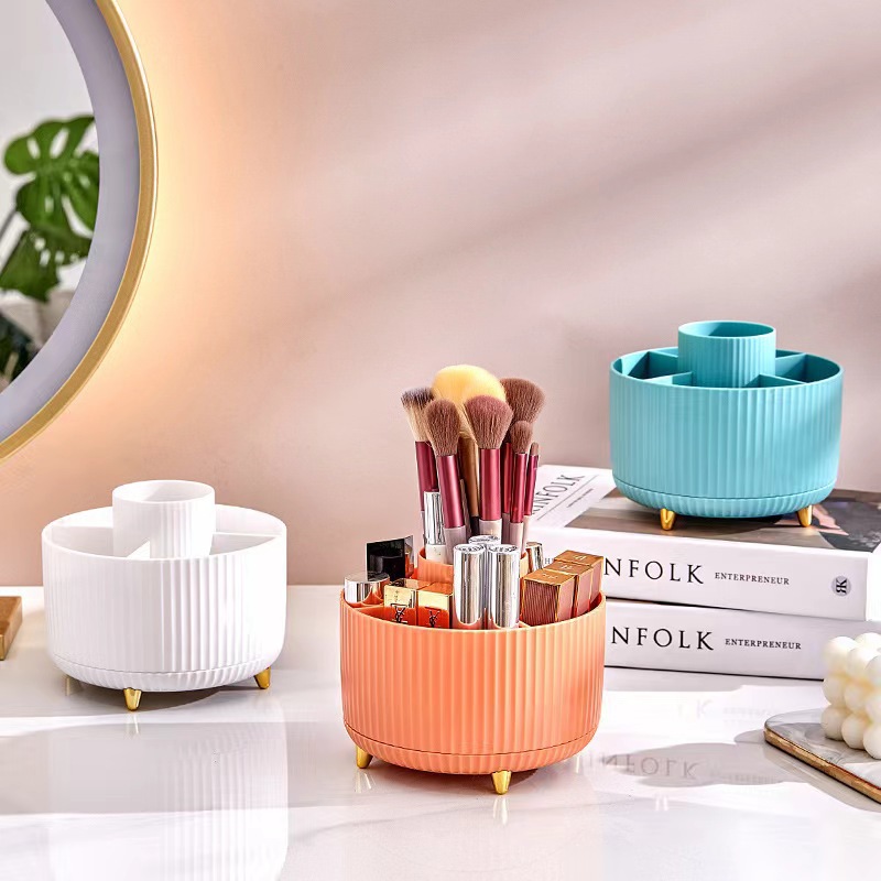 Caja de almacenamiento de cosméticos 360 grados giratoria doméstica dormitorio cubierta de tocador lápiz labial ceja pincel de maquillaje barril de almacenamiento